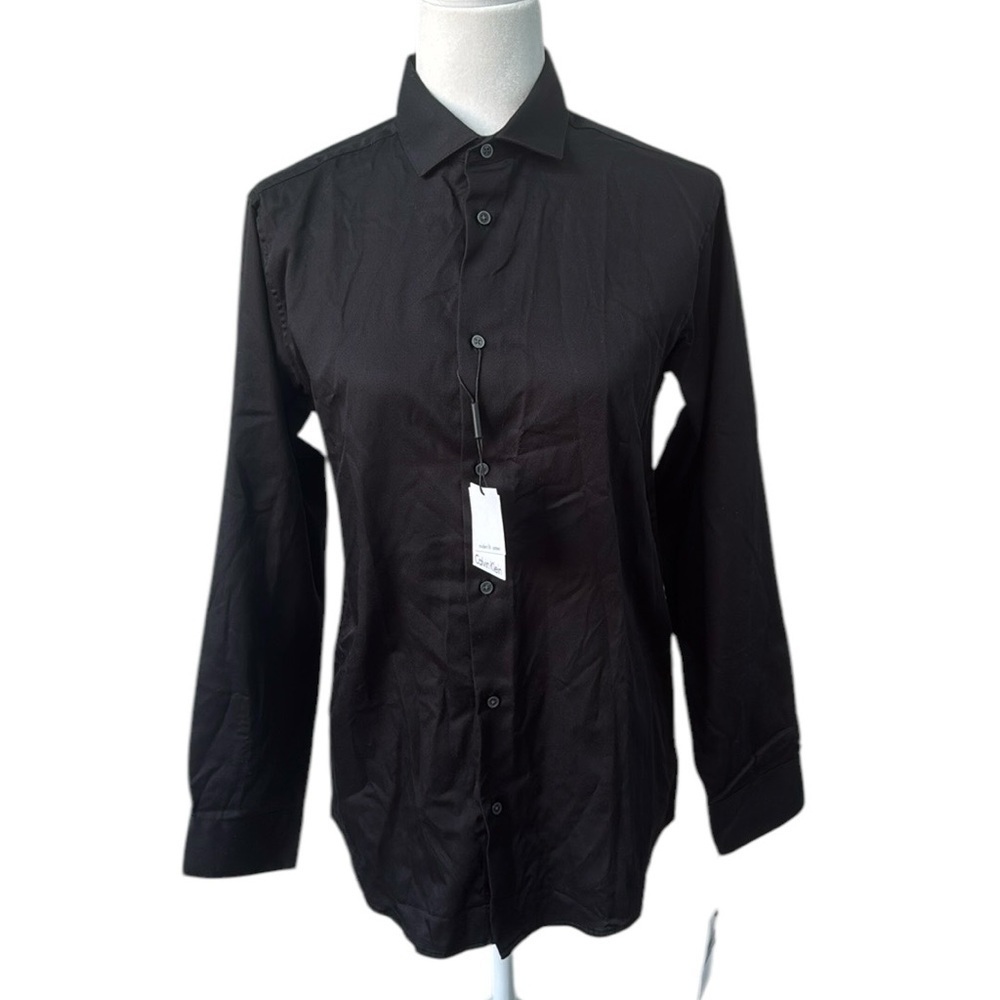 Calvin Klein Boys Black Modern Fit Sateen Button Front Dress Shirt Sz 18 NWT